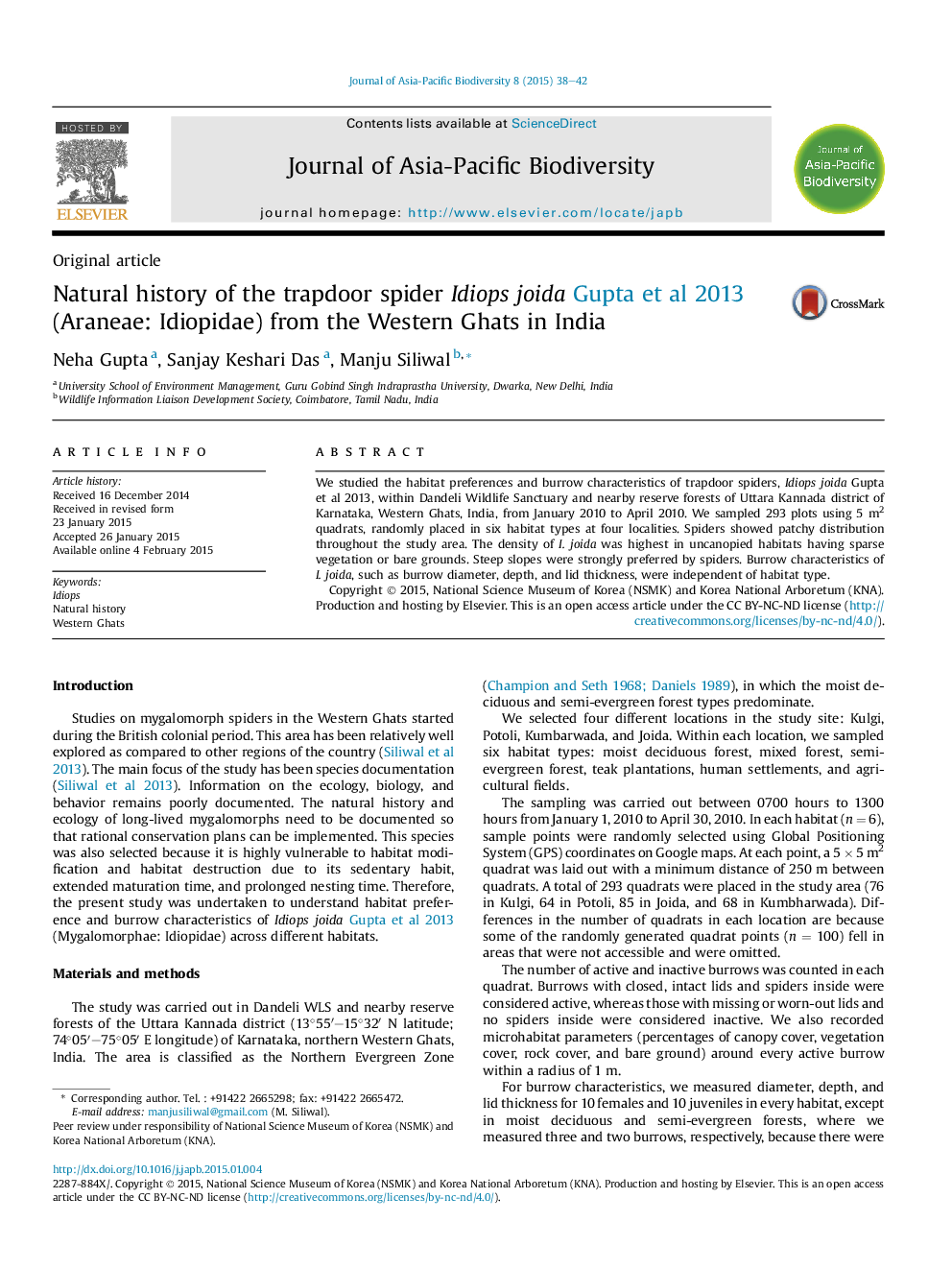 Natural history of the trapdoor spider Idiops joida Gupta et al 2013 (Araneae: Idiopidae) from the Western Ghats in India 