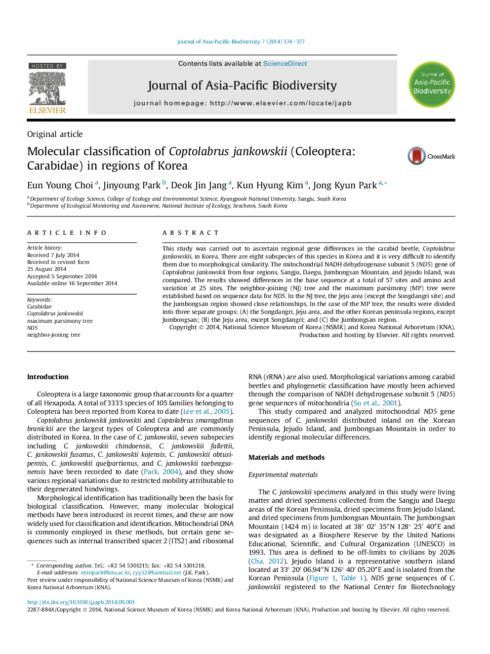 Molecular classification of Coptolabrus jankowskii (Coleoptera: Carabidae) in regions of Korea 