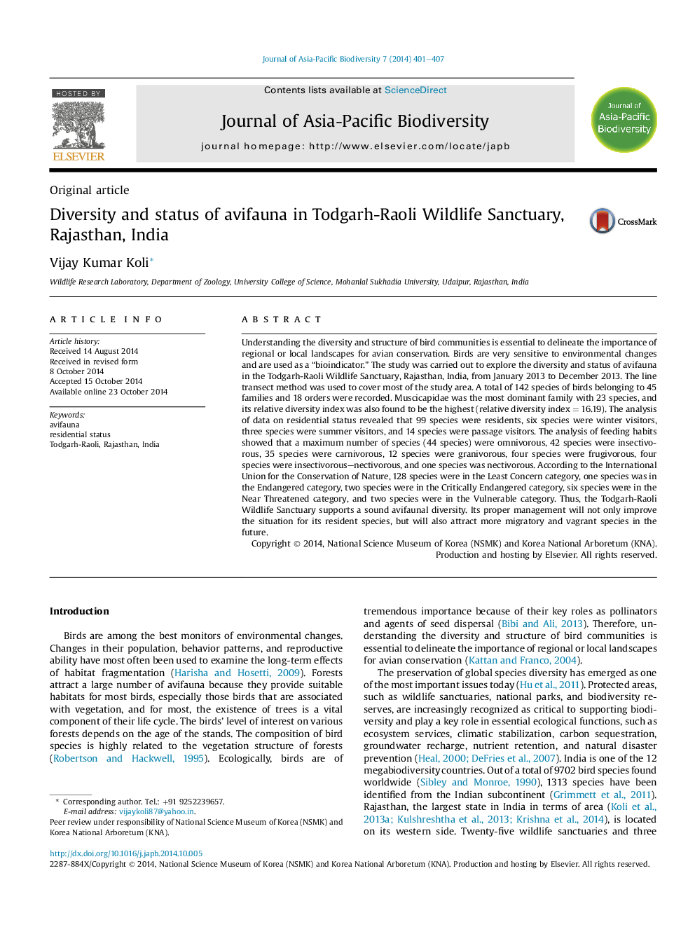 Diversity and status of avifauna in Todgarh-Raoli Wildlife Sanctuary, Rajasthan, India 