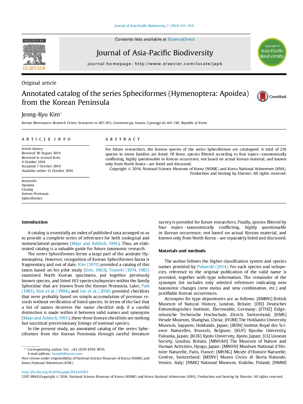 Annotated catalog of the series Spheciformes (Hymenoptera: Apoidea) from the Korean Peninsula 