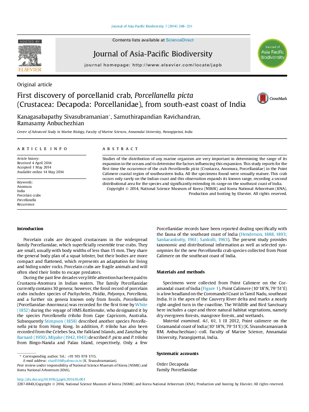 First discovery of porcellanid crab, Porcellanella picta (Crustacea: Decapoda: Porcellanidae), from south-east coast of India 