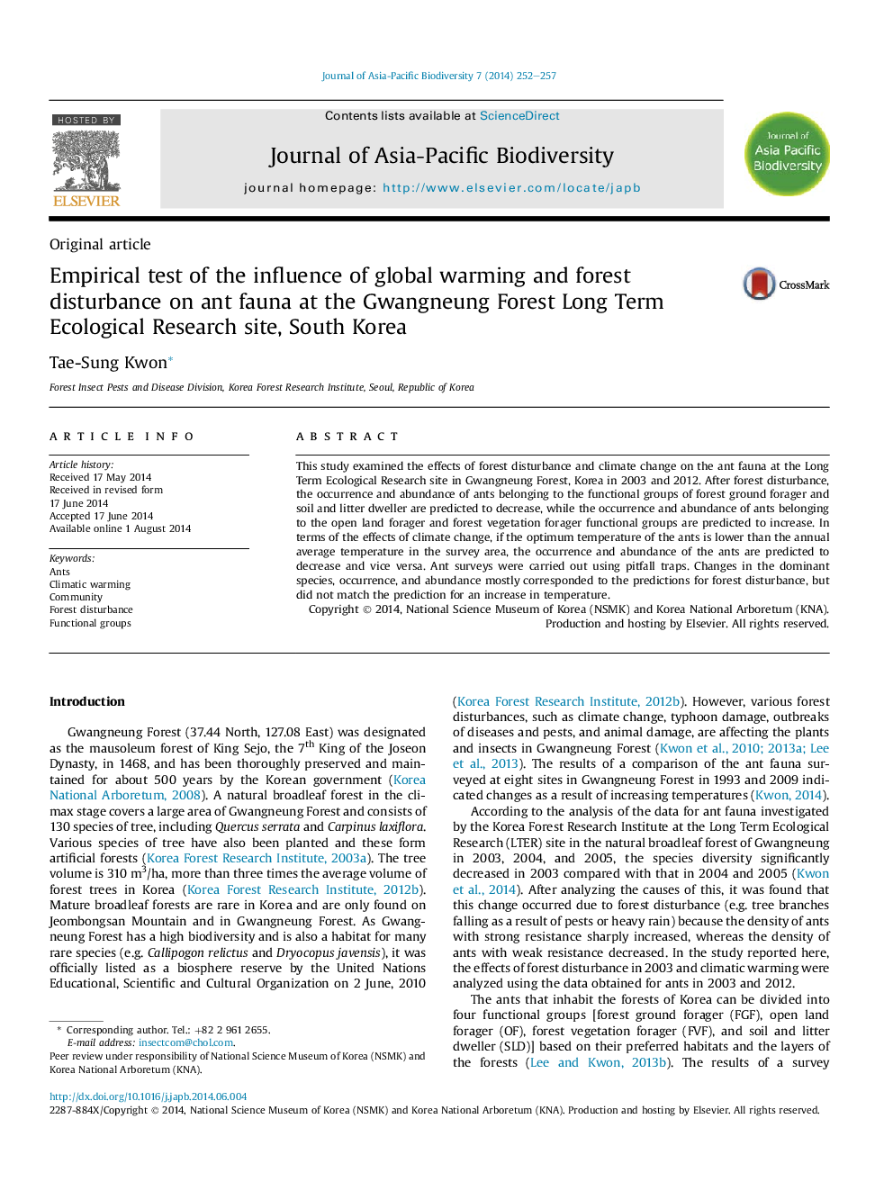 Empirical test of the influence of global warming and forest disturbance on ant fauna at the Gwangneung Forest Long Term Ecological Research site, South Korea 