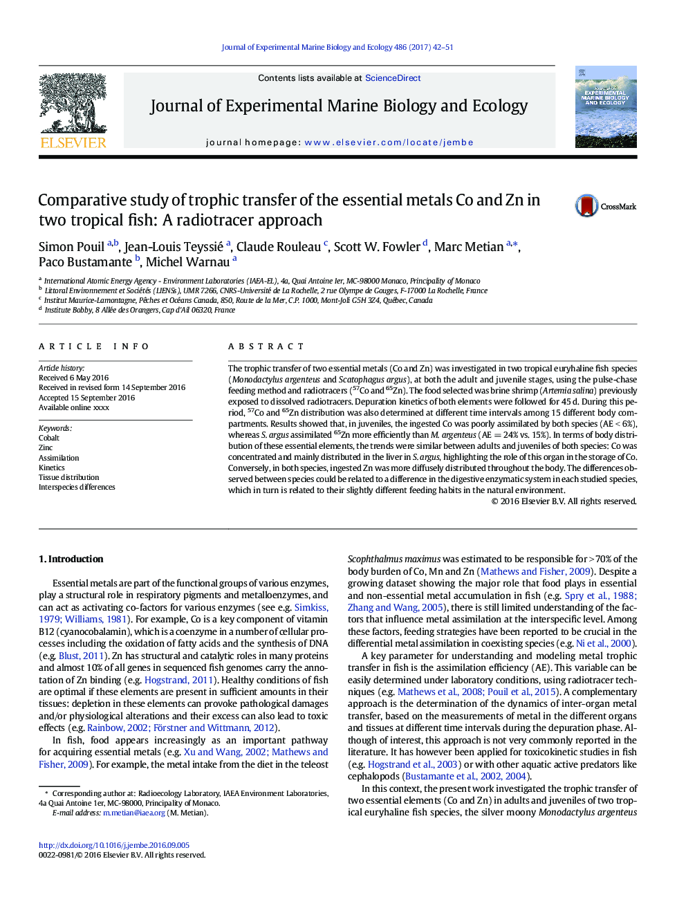 Comparative study of trophic transfer of the essential metals Co and Zn in two tropical fish: A radiotracer approach