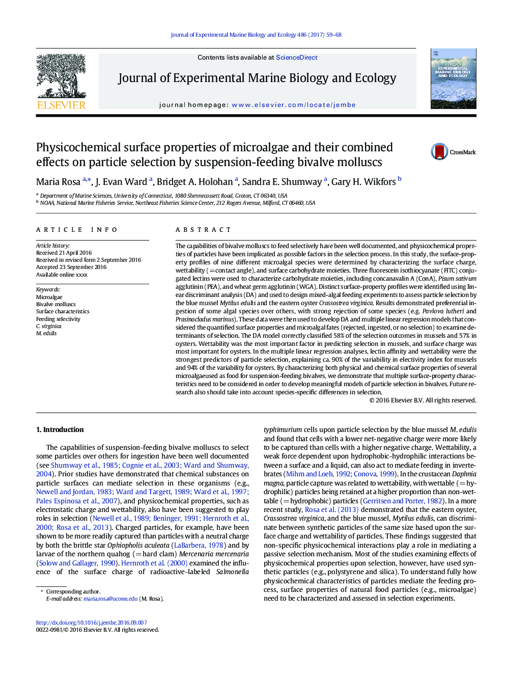 Physicochemical surface properties of microalgae and their combined effects on particle selection by suspension-feeding bivalve molluscs