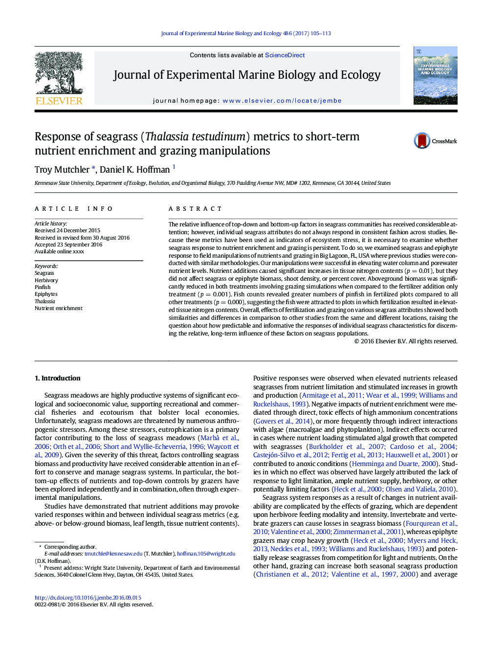 Response of seagrass (Thalassia testudinum) metrics to short-term nutrient enrichment and grazing manipulations