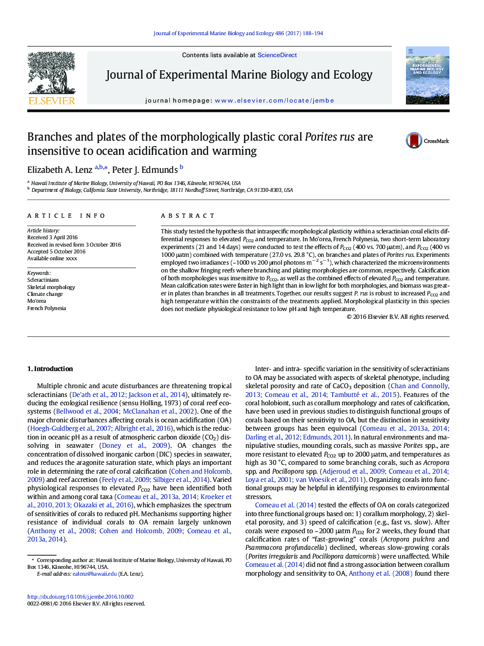 Branches and plates of the morphologically plastic coral Porites rus are insensitive to ocean acidification and warming