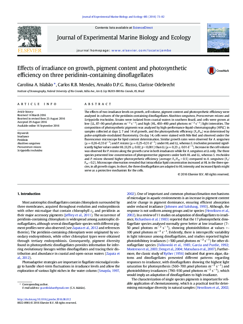 Effects of irradiance on growth, pigment content and photosynthetic efficiency on three peridinin-containing dinoflagellates