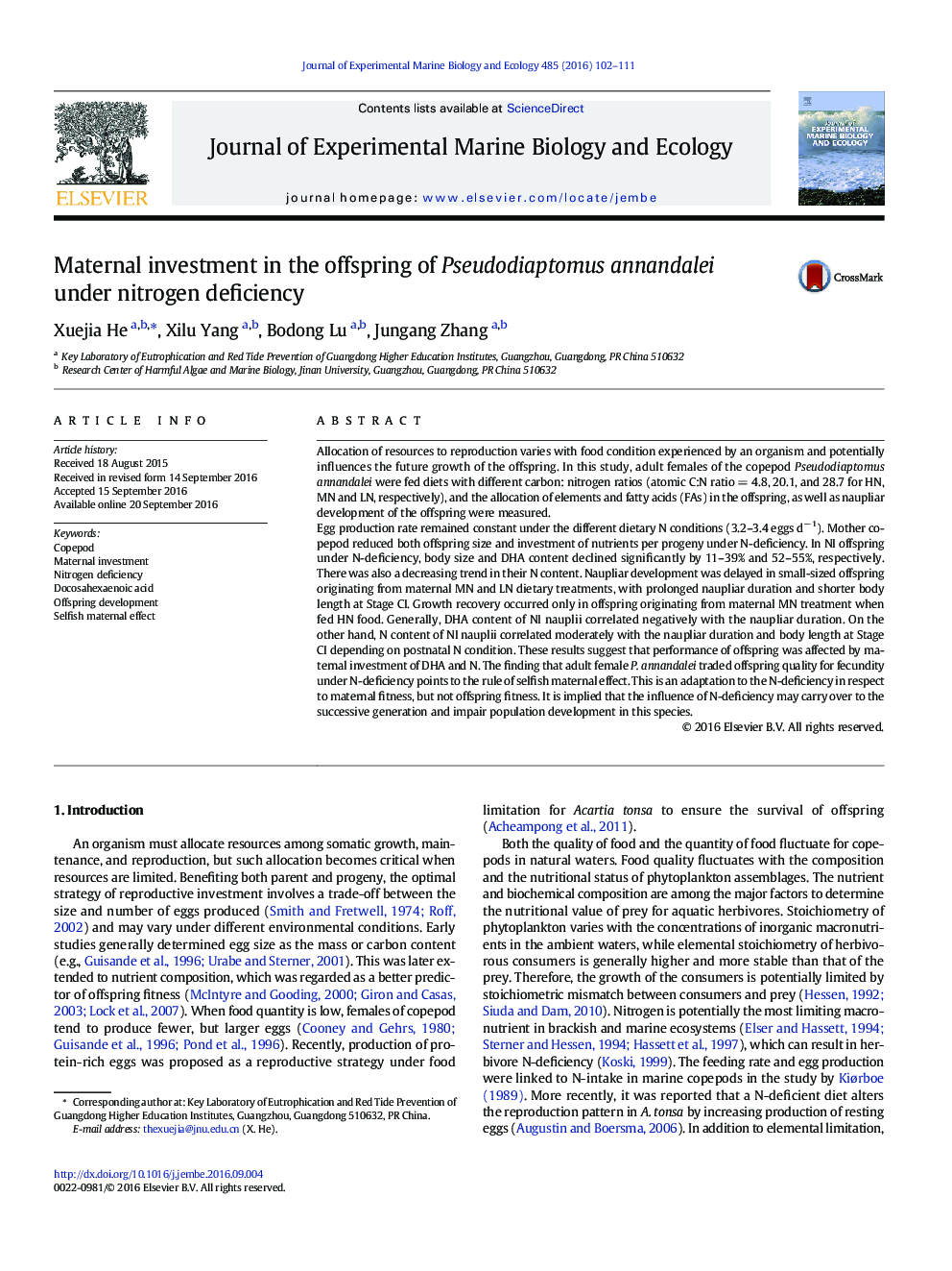 Maternal investment in the offspring of Pseudodiaptomus annandalei under nitrogen deficiency