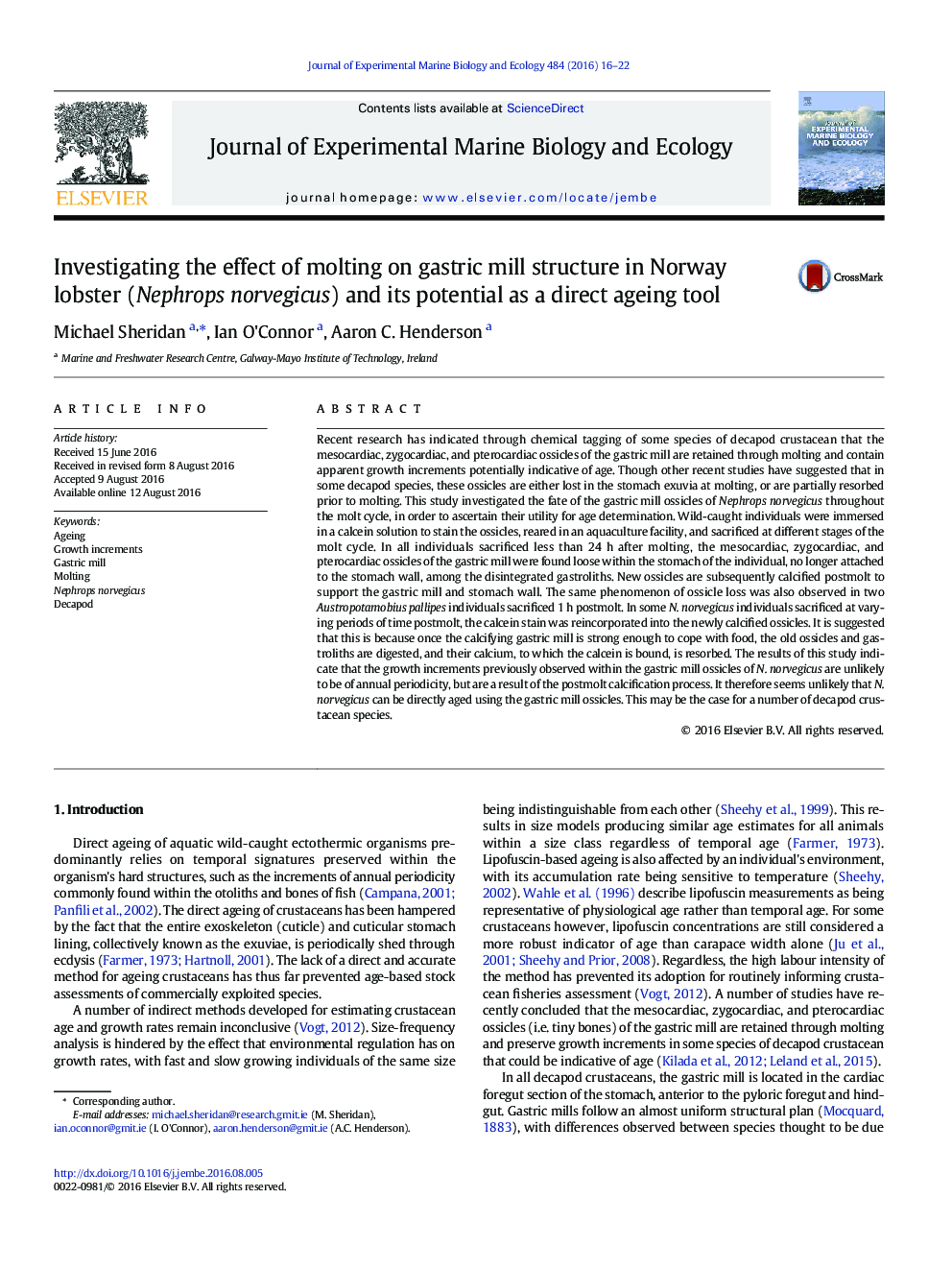 Investigating the effect of molting on gastric mill structure in Norway lobster (Nephrops norvegicus) and its potential as a direct ageing tool