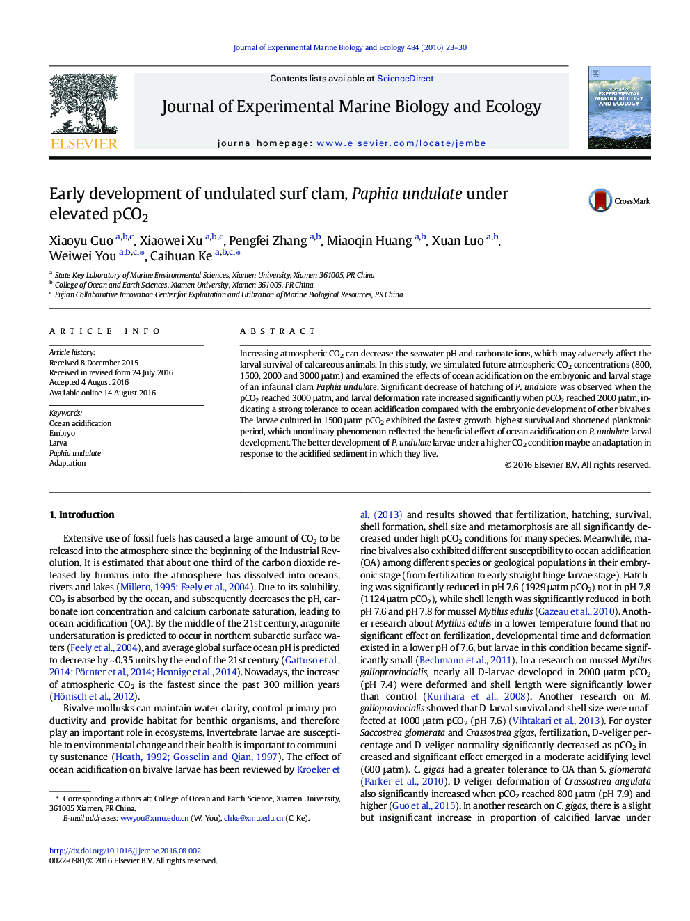 Early development of undulated surf clam, Paphia undulate under elevated pCO2