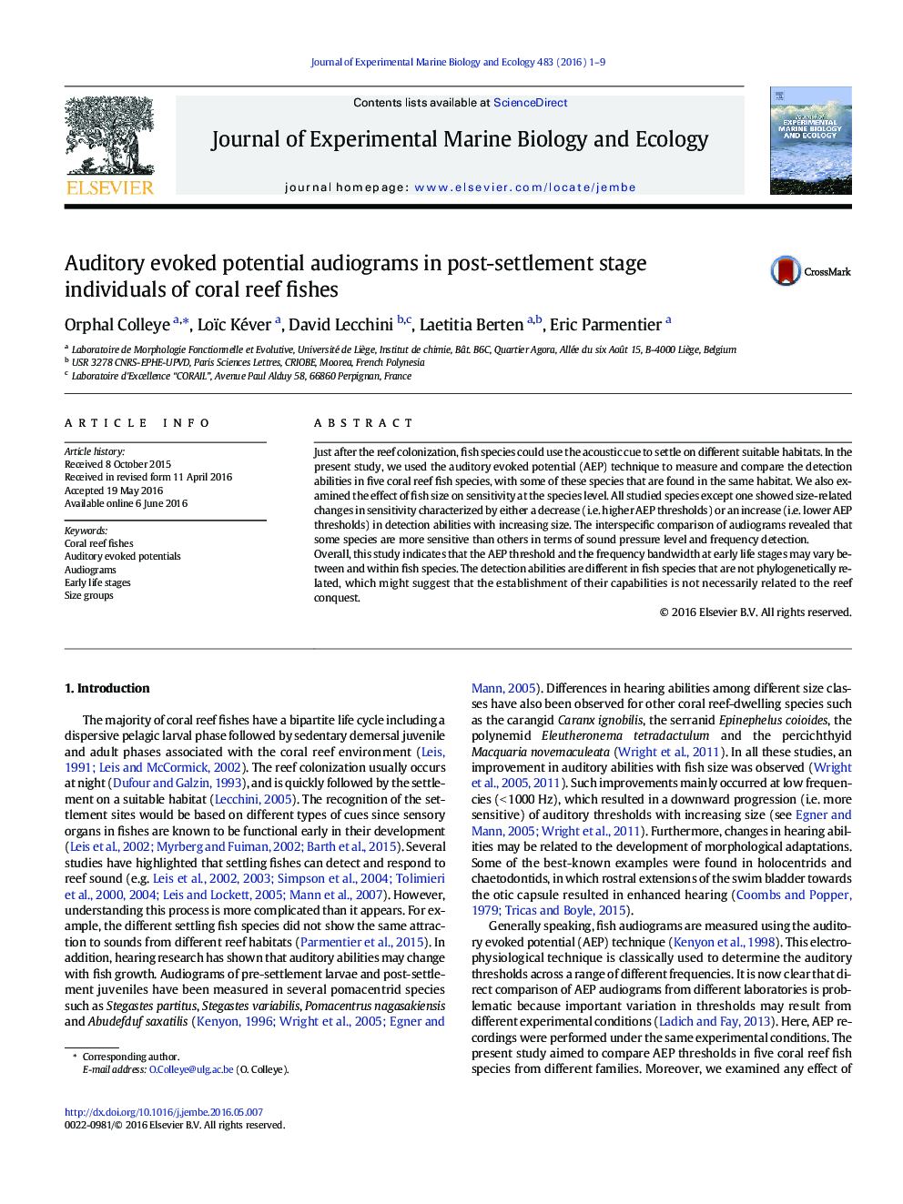 Auditory evoked potential audiograms in post-settlement stage individuals of coral reef fishes