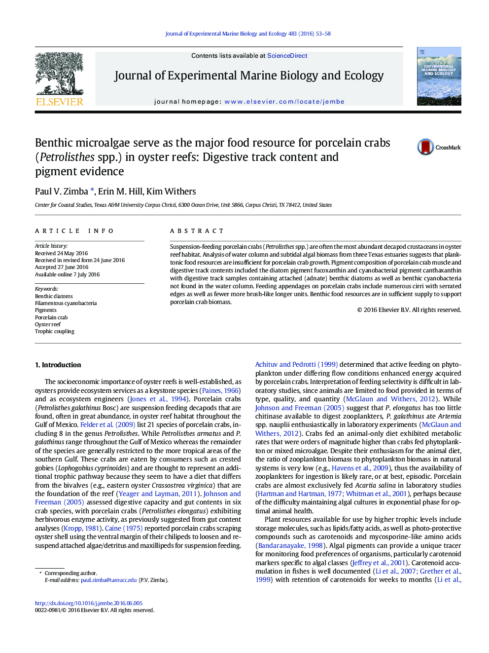 Benthic microalgae serve as the major food resource for porcelain crabs (Petrolisthes spp.) in oyster reefs: Digestive track content and pigment evidence