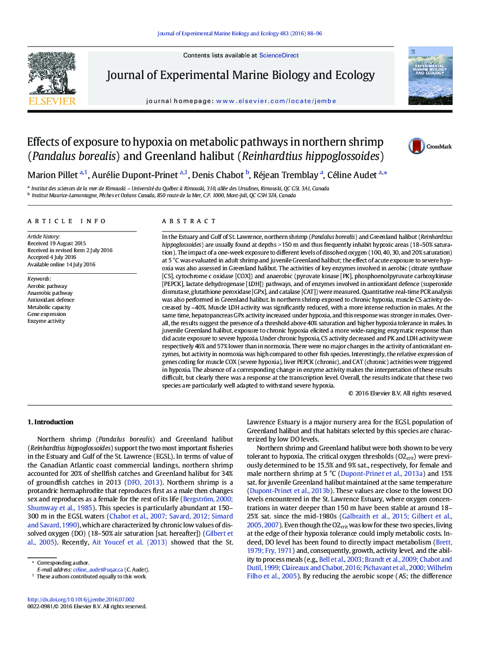 Effects of exposure to hypoxia on metabolic pathways in northern shrimp (Pandalus borealis) and Greenland halibut (Reinhardtius hippoglossoides)