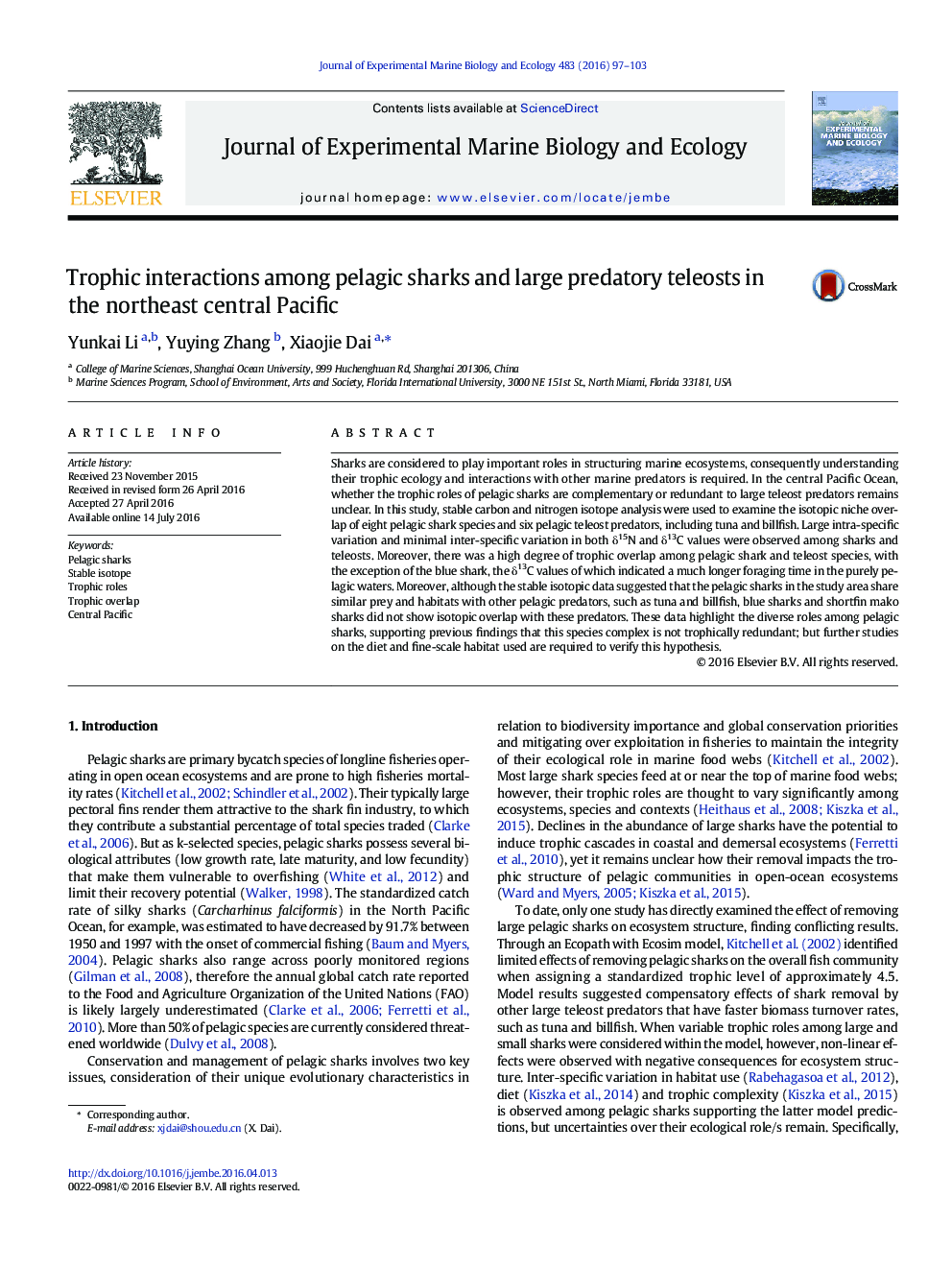 Trophic interactions among pelagic sharks and large predatory teleosts in the northeast central Pacific