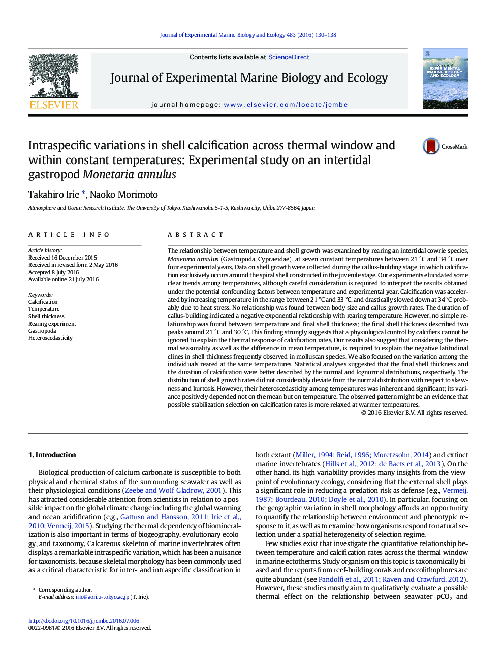 Intraspecific variations in shell calcification across thermal window and within constant temperatures: Experimental study on an intertidal gastropod Monetaria annulus