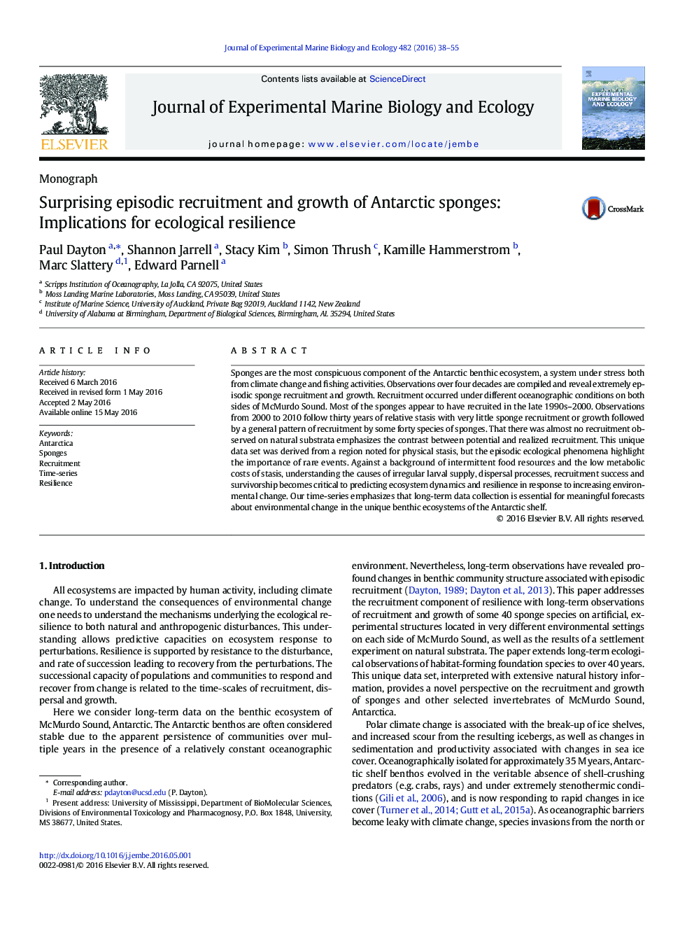 Surprising episodic recruitment and growth of Antarctic sponges: Implications for ecological resilience