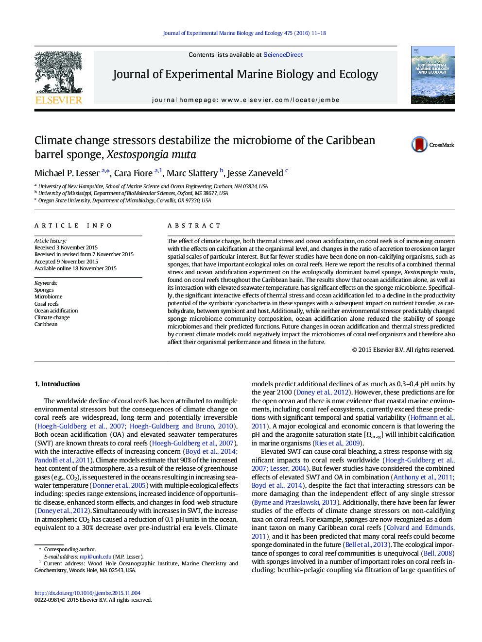 Climate change stressors destabilize the microbiome of the Caribbean barrel sponge, Xestospongia muta