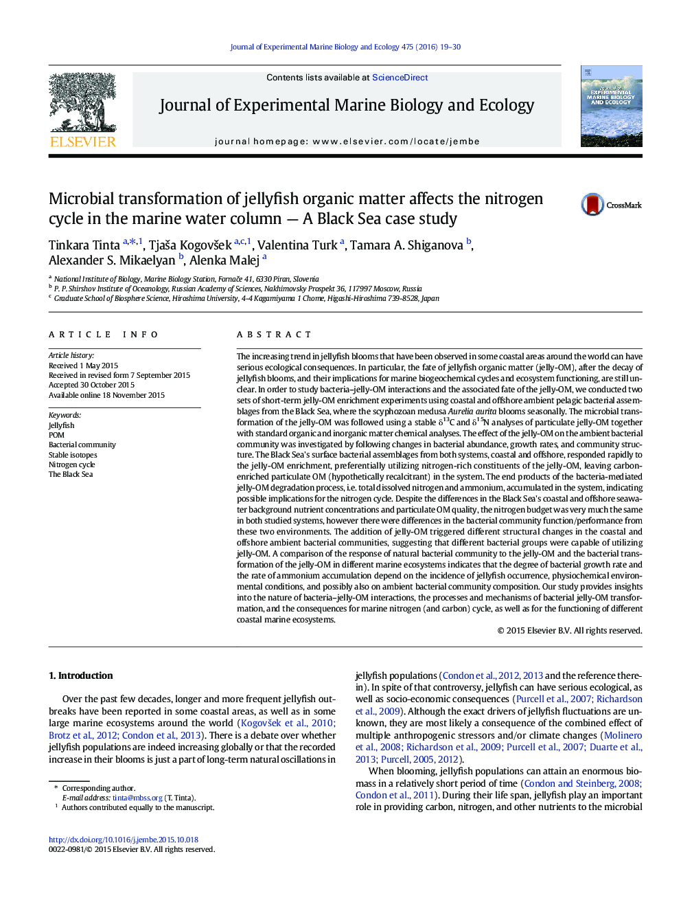 Microbial transformation of jellyfish organic matter affects the nitrogen cycle in the marine water column — A Black Sea case study