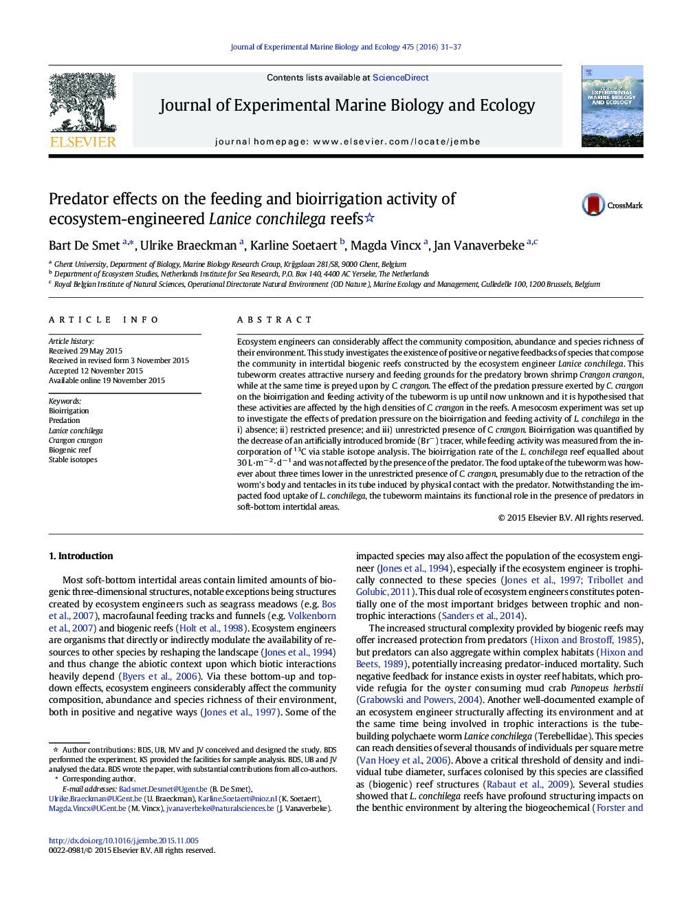 Predator effects on the feeding and bioirrigation activity of ecosystem-engineered Lanice conchilega reefs 