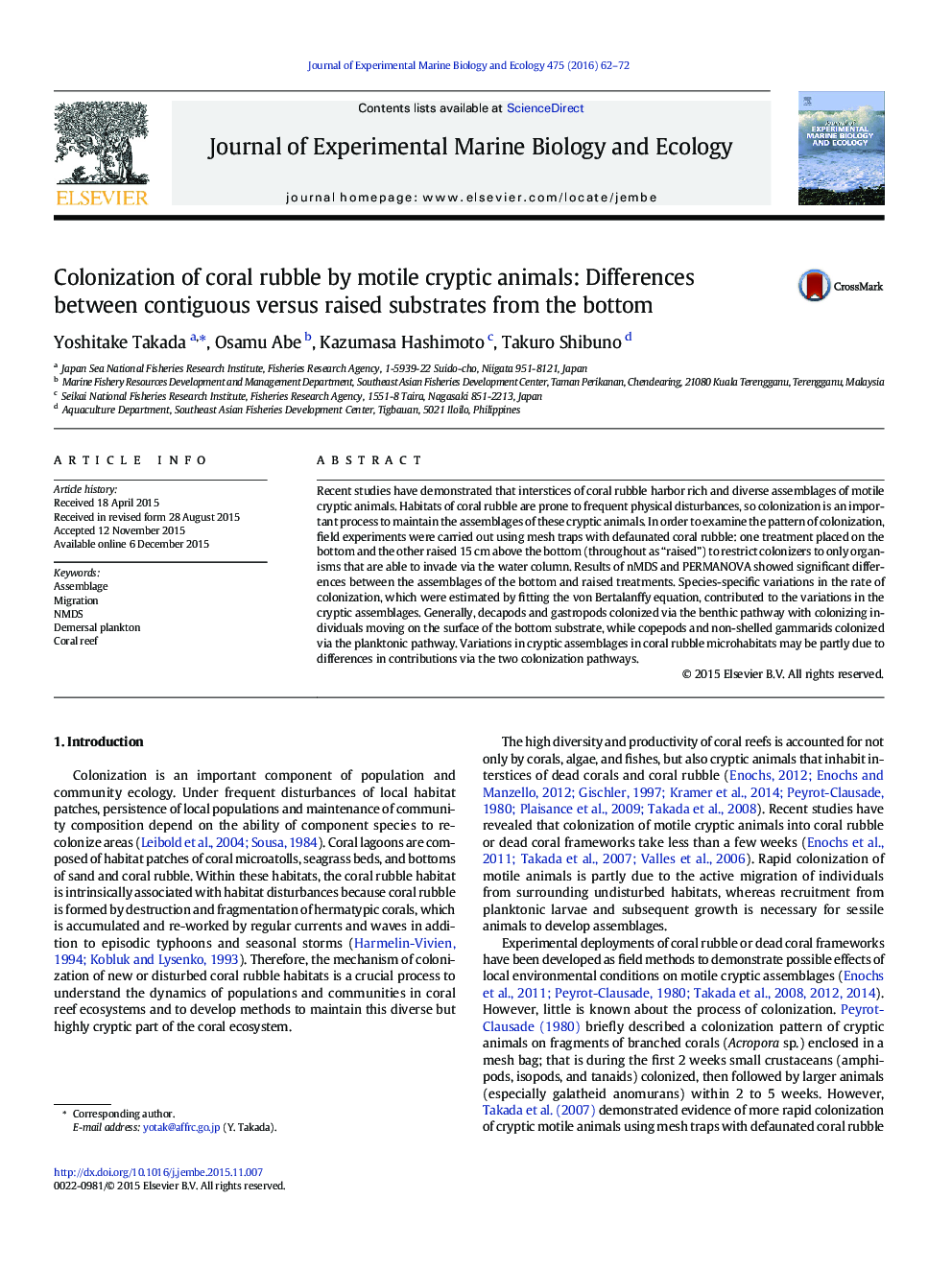 Colonization of coral rubble by motile cryptic animals: Differences between contiguous versus raised substrates from the bottom