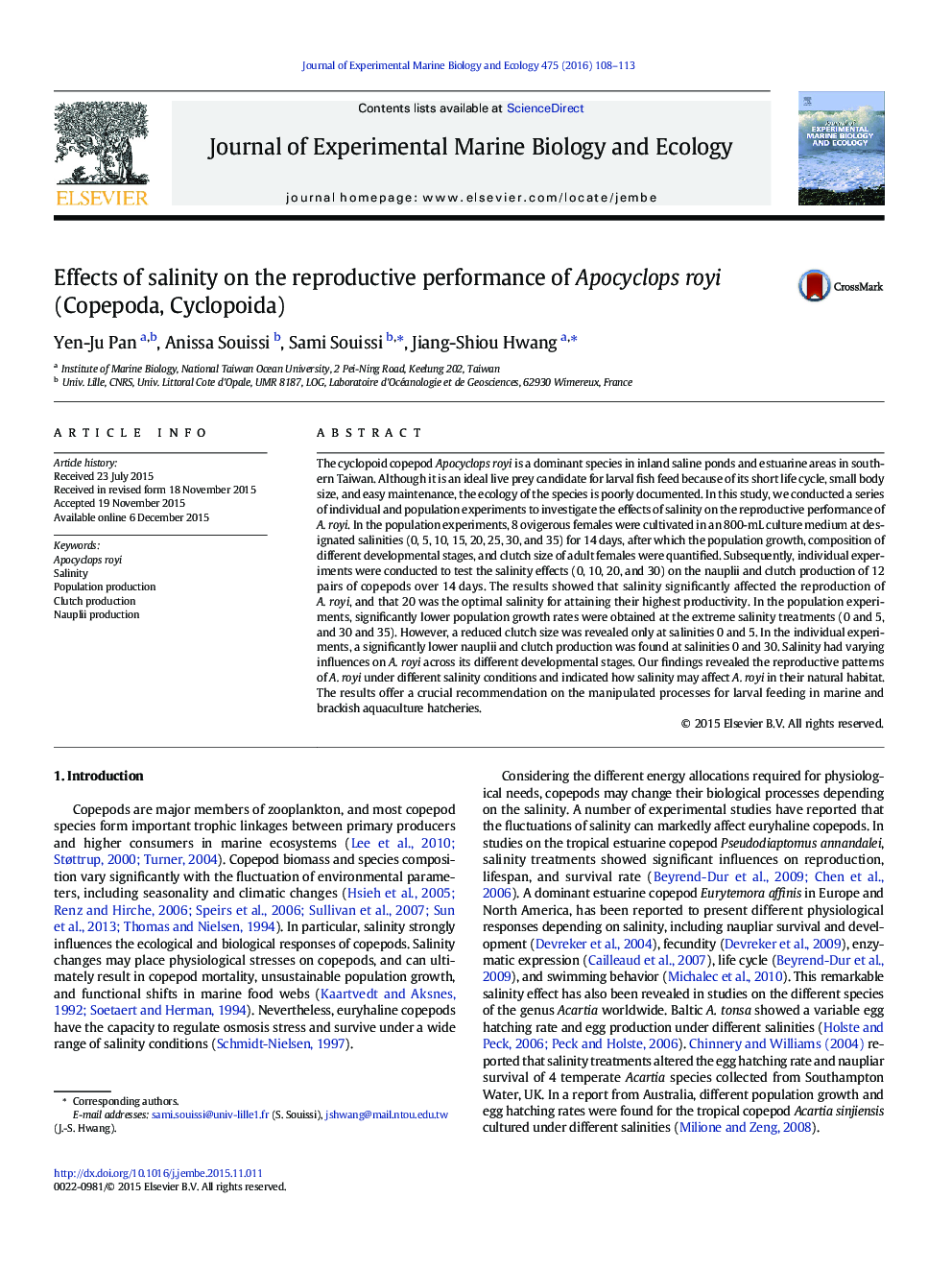 Effects of salinity on the reproductive performance of Apocyclops royi (Copepoda, Cyclopoida)