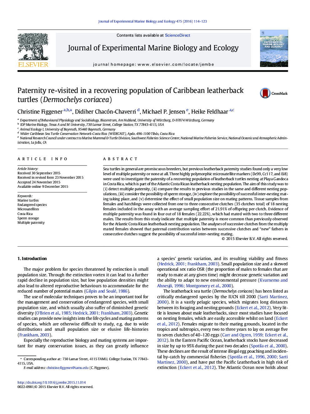 Paternity re-visited in a recovering population of Caribbean leatherback turtles (Dermochelys coriacea)