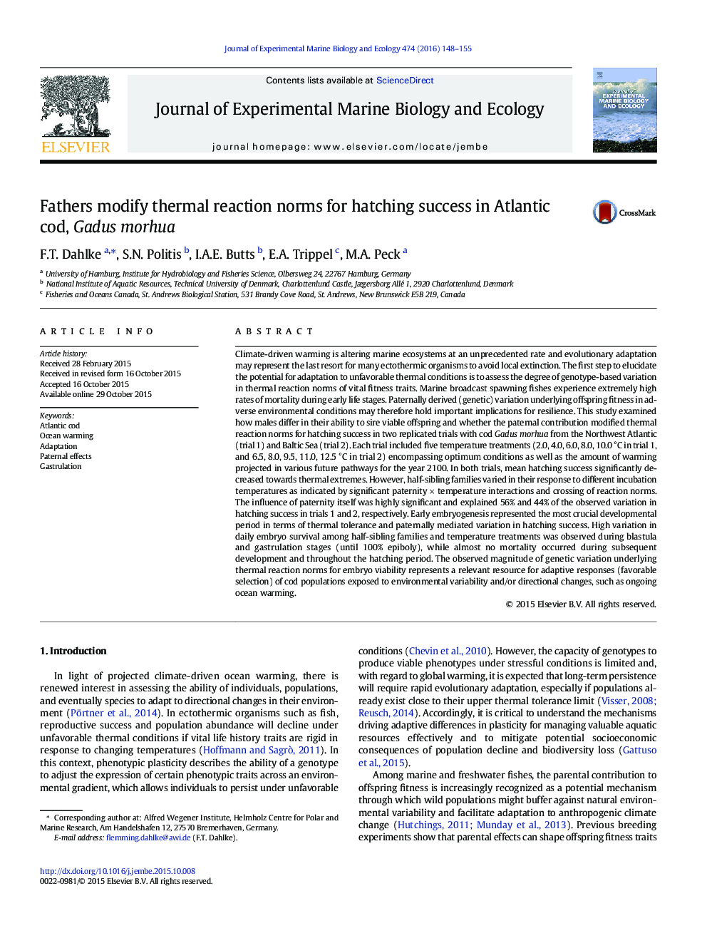 Fathers modify thermal reaction norms for hatching success in Atlantic cod, Gadus morhua