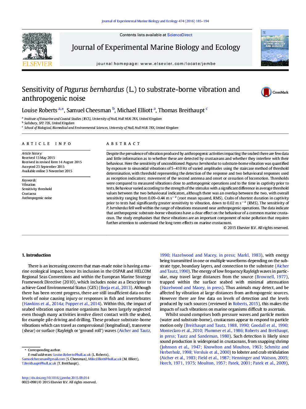 Sensitivity of Pagurus bernhardus (L.) to substrate-borne vibration and anthropogenic noise