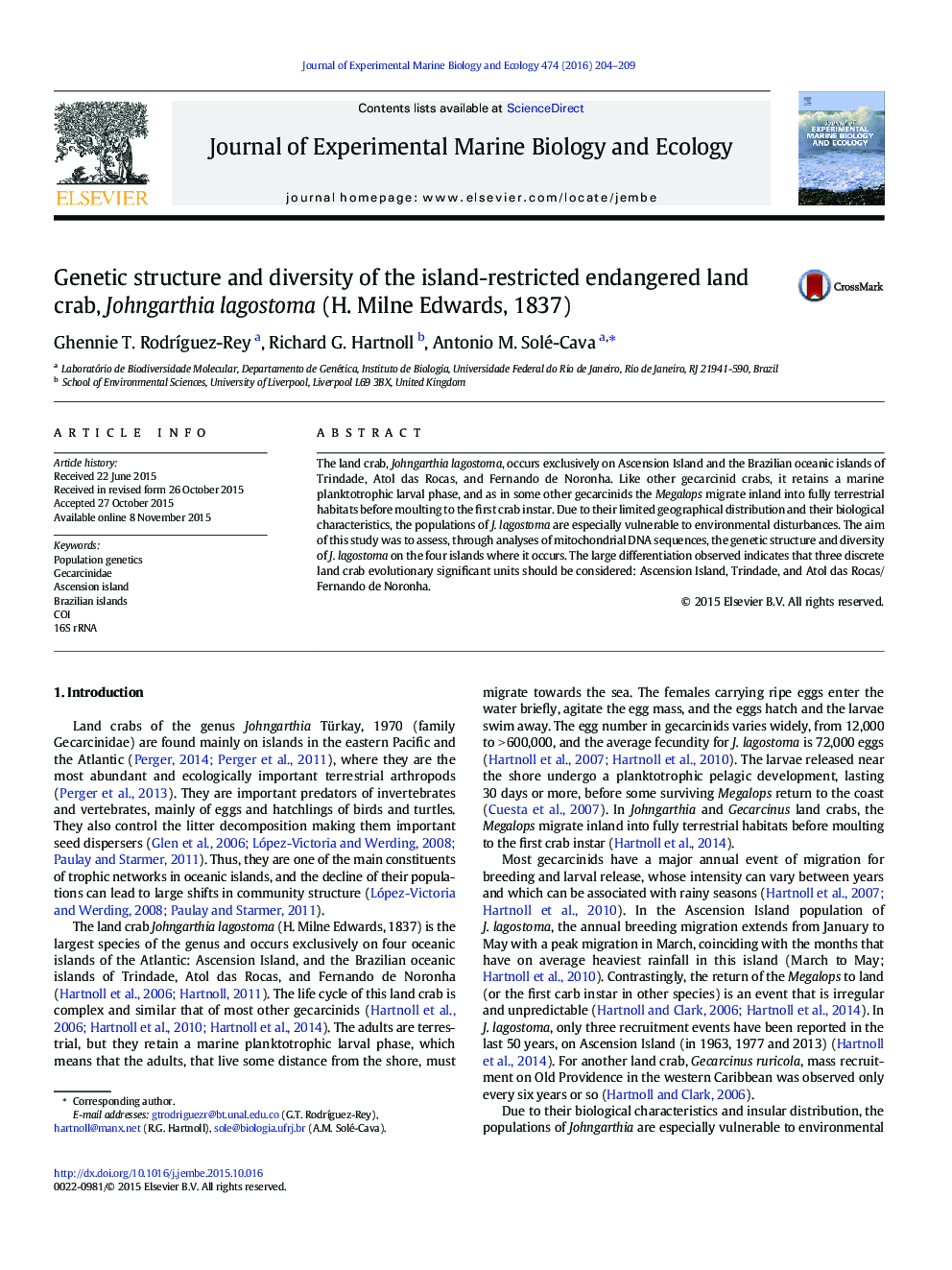 Genetic structure and diversity of the island-restricted endangered land crab, Johngarthia lagostoma (H. Milne Edwards, 1837)