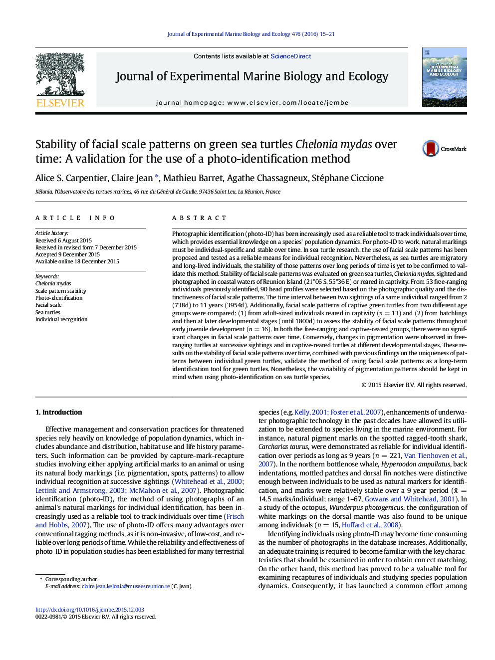 Stability of facial scale patterns on green sea turtles Chelonia mydas over time: A validation for the use of a photo-identification method