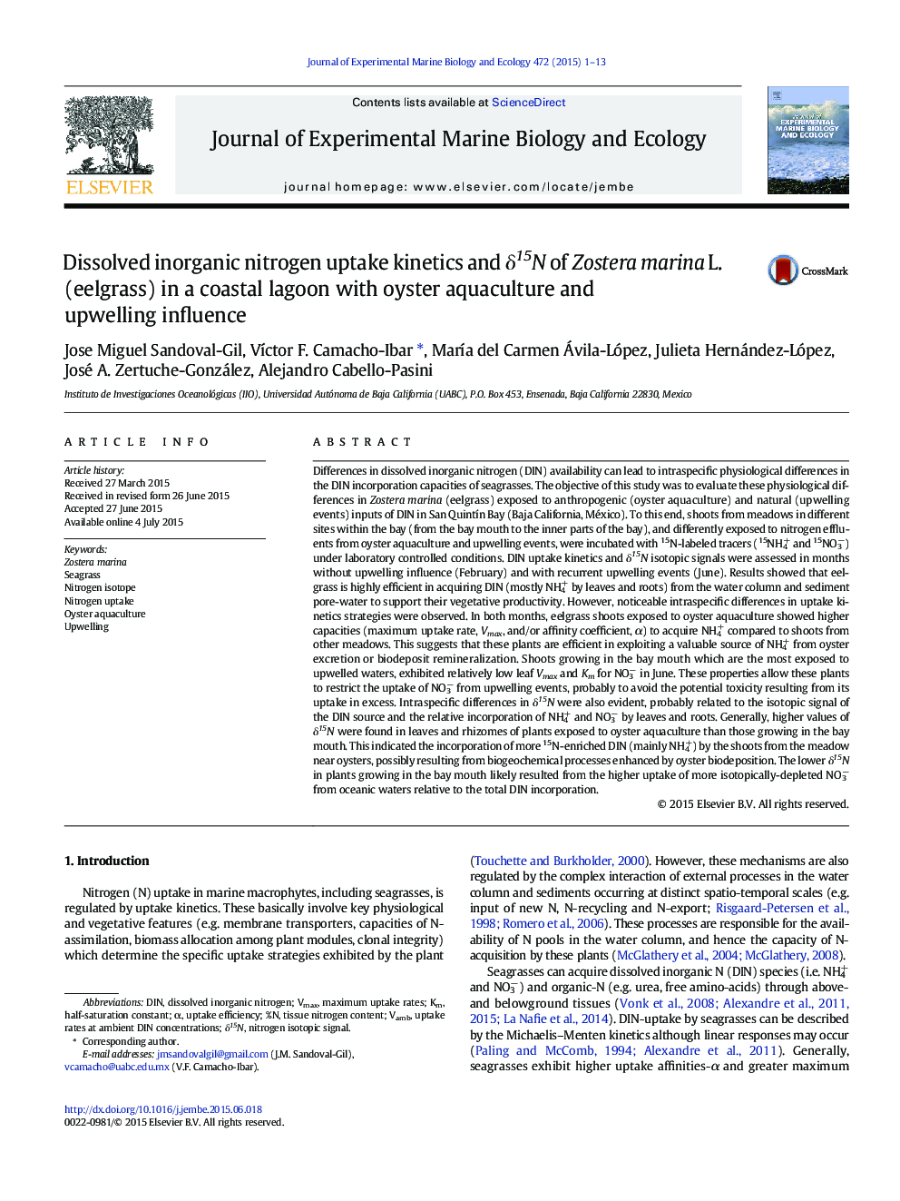 Dissolved inorganic nitrogen uptake kinetics and Î´15N of Zostera marina L. (eelgrass) in a coastal lagoon with oyster aquaculture and upwelling influence