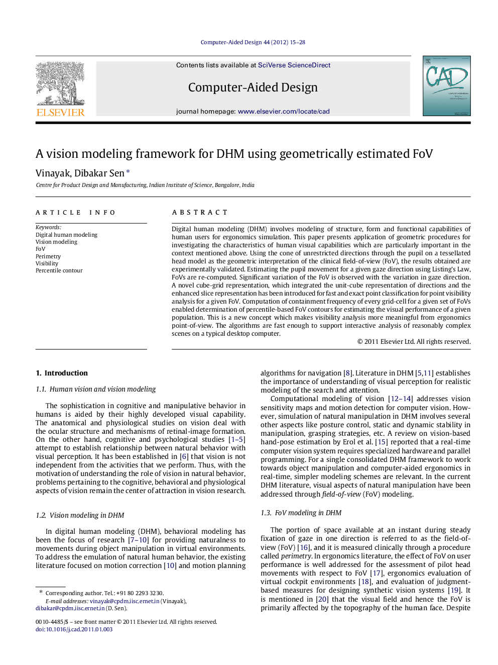 A vision modeling framework for DHM using geometrically estimated FoV