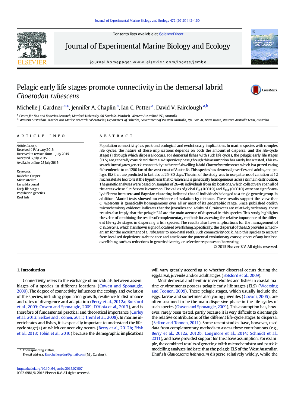 عکس صفحه اول مقاله: Pelagic early life stages promote connectivity in the demersal labrid Choerodon rubescens Pelagic early life stages promote connectivity in the demersal labrid Choerodon rubescens