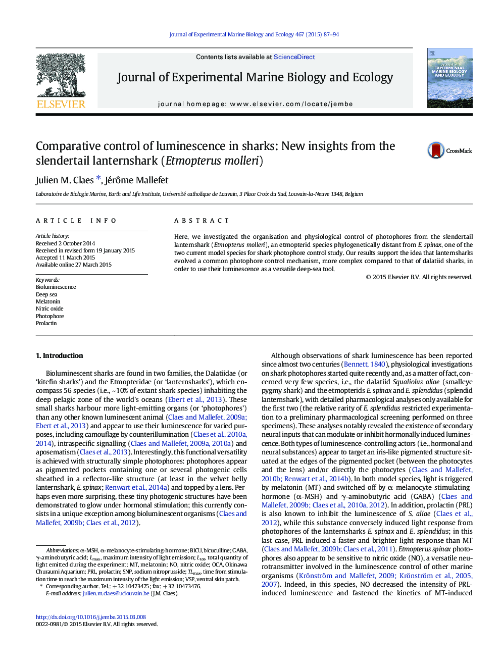 Comparative control of luminescence in sharks: New insights from the slendertail lanternshark (Etmopterus molleri)