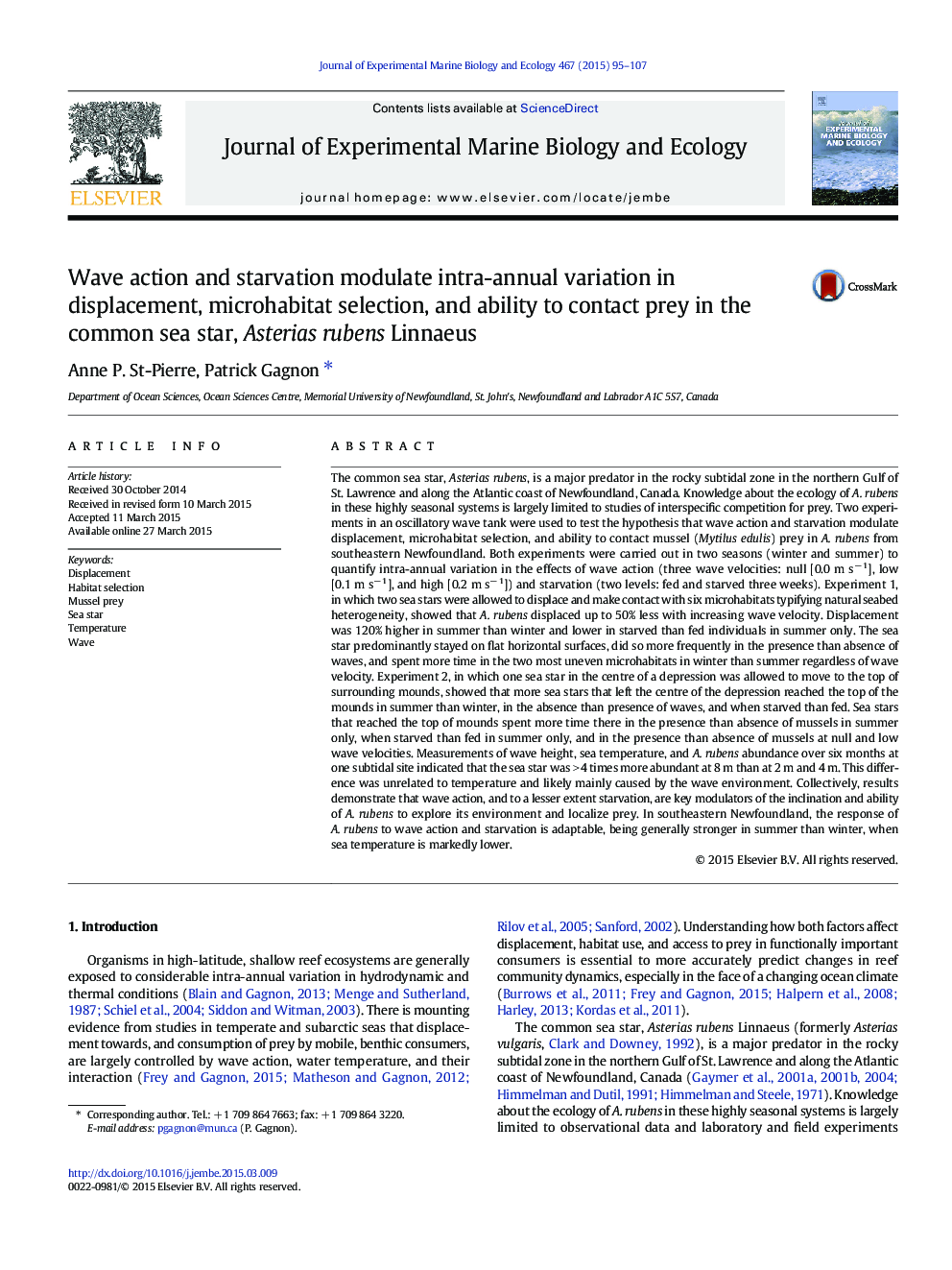Wave action and starvation modulate intra-annual variation in displacement, microhabitat selection, and ability to contact prey in the common sea star, Asterias rubens Linnaeus