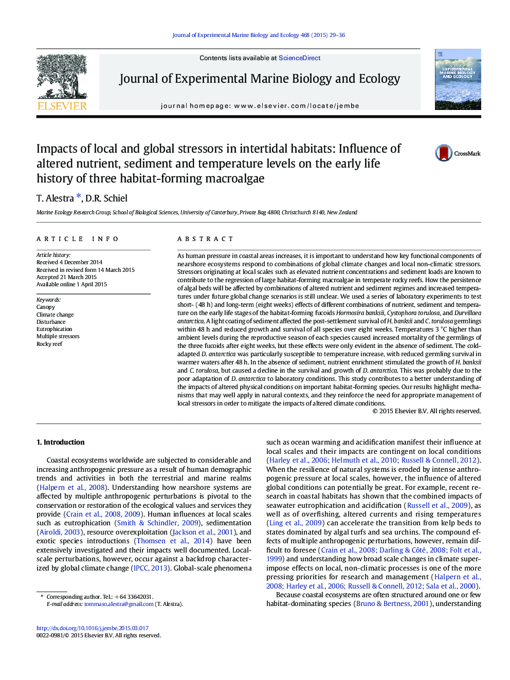 Impacts of local and global stressors in intertidal habitats: Influence of altered nutrient, sediment and temperature levels on the early life history of three habitat-forming macroalgae