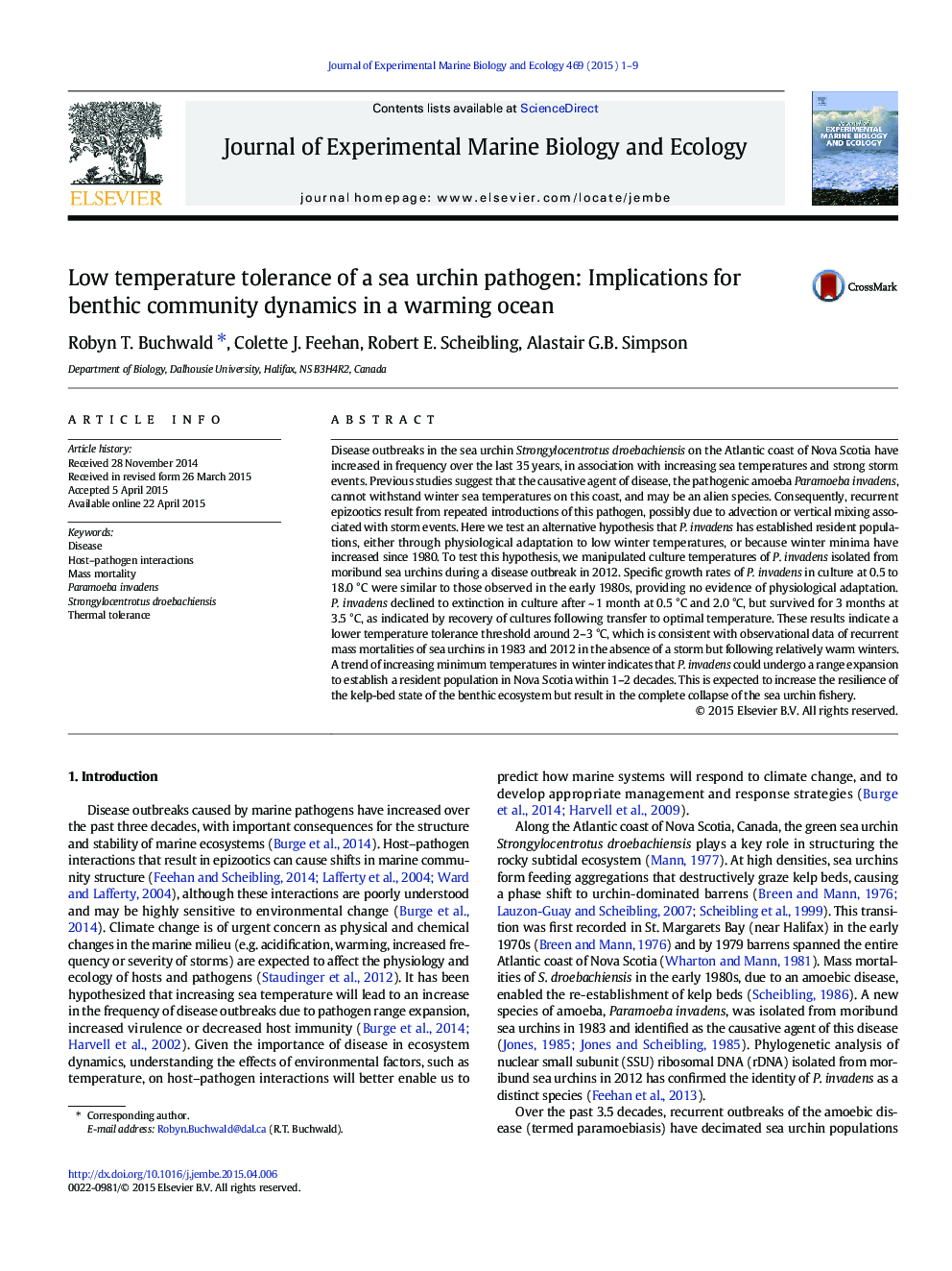 Low temperature tolerance of a sea urchin pathogen: Implications for benthic community dynamics in a warming ocean