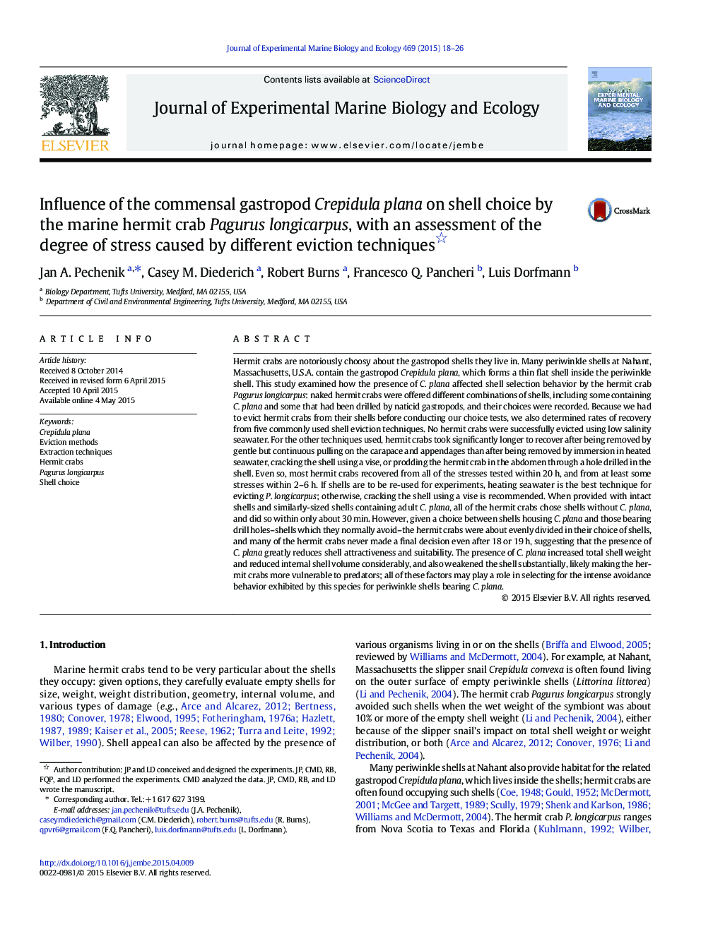 عکس صفحه اول مقاله: Influence of the commensal gastropod Crepidula plana on shell choice by the marine hermit crab Pagurus longicarpus, with an assessment of the degree of stress caused by different eviction techniques Influence of the commensal gastropod Crepidula plana on shell choice by the marine hermit crab Pagurus longicarpus, with an assessment of the degree of stress caused by different eviction techniques