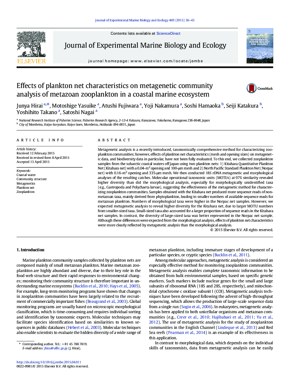 Effects of plankton net characteristics on metagenetic community analysis of metazoan zooplankton in a coastal marine ecosystem