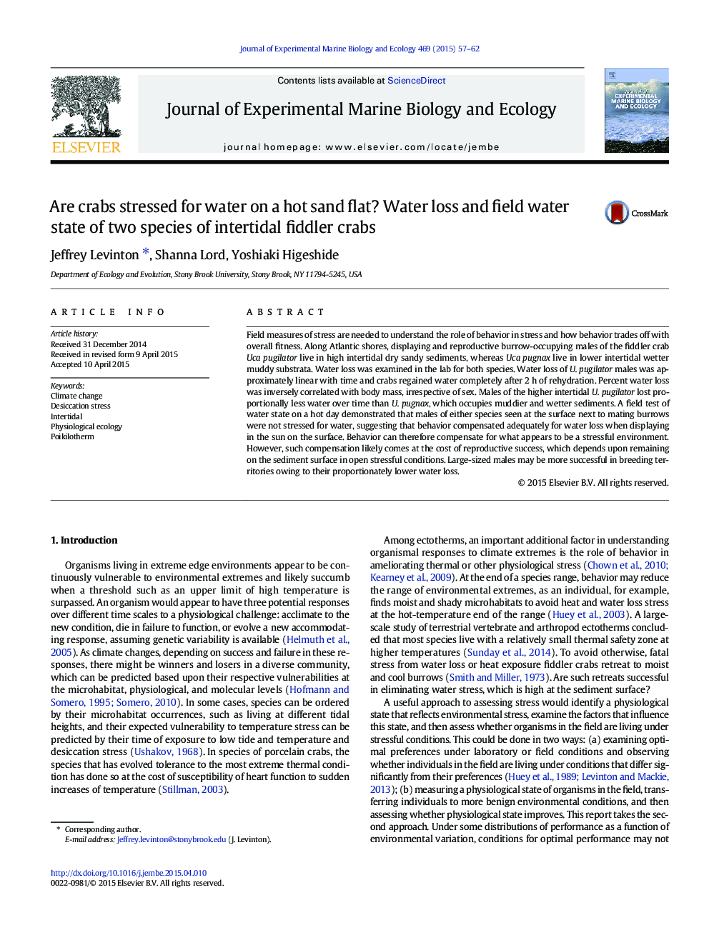 Are crabs stressed for water on a hot sand flat? Water loss and field water state of two species of intertidal fiddler crabs