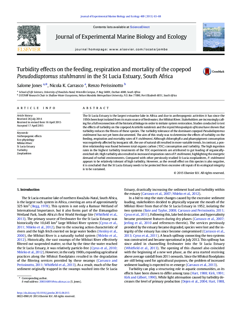 Turbidity effects on the feeding, respiration and mortality of the copepod Pseudodiaptomus stuhlmanni in the St Lucia Estuary, South Africa