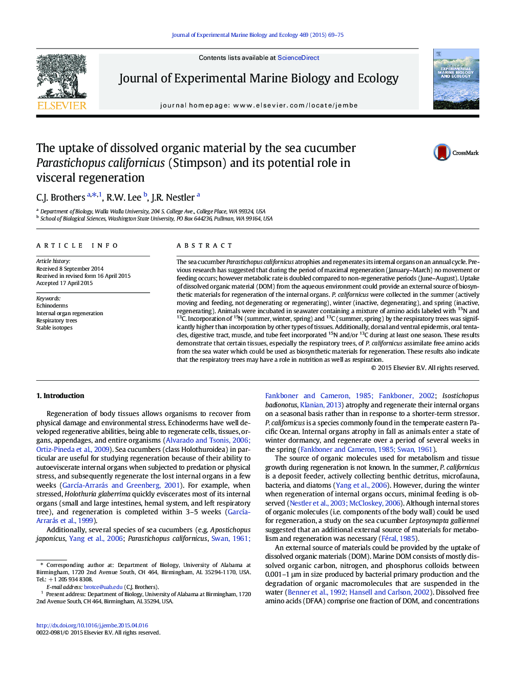 The uptake of dissolved organic material by the sea cucumber Parastichopus californicus (Stimpson) and its potential role in visceral regeneration