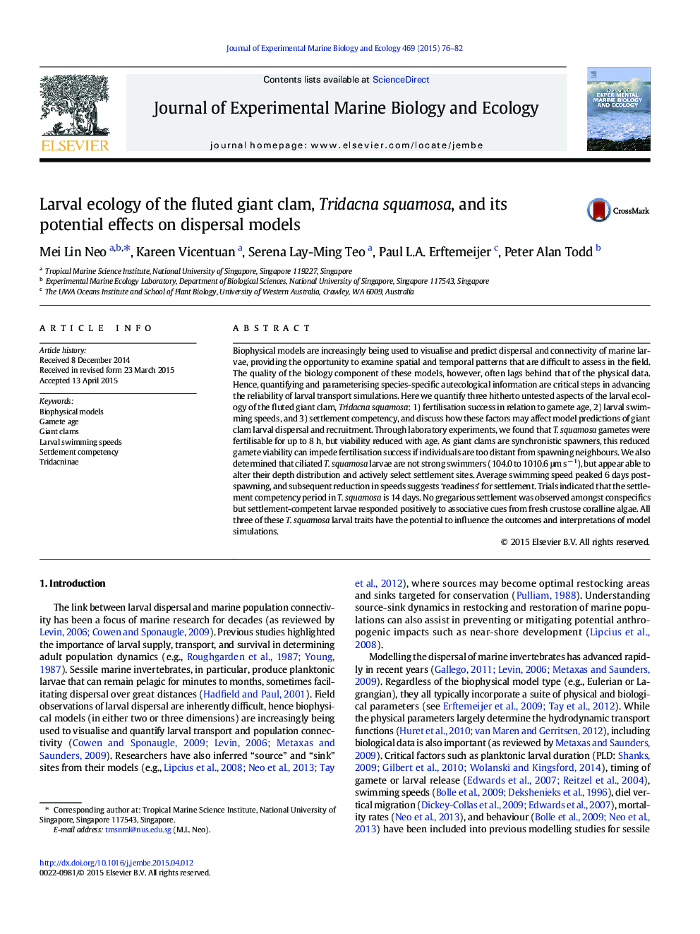 Larval ecology of the fluted giant clam, Tridacna squamosa, and its potential effects on dispersal models