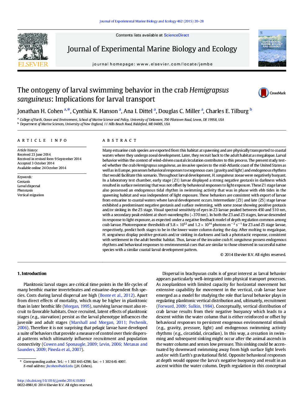 The ontogeny of larval swimming behavior in the crab Hemigrapsus sanguineus: Implications for larval transport