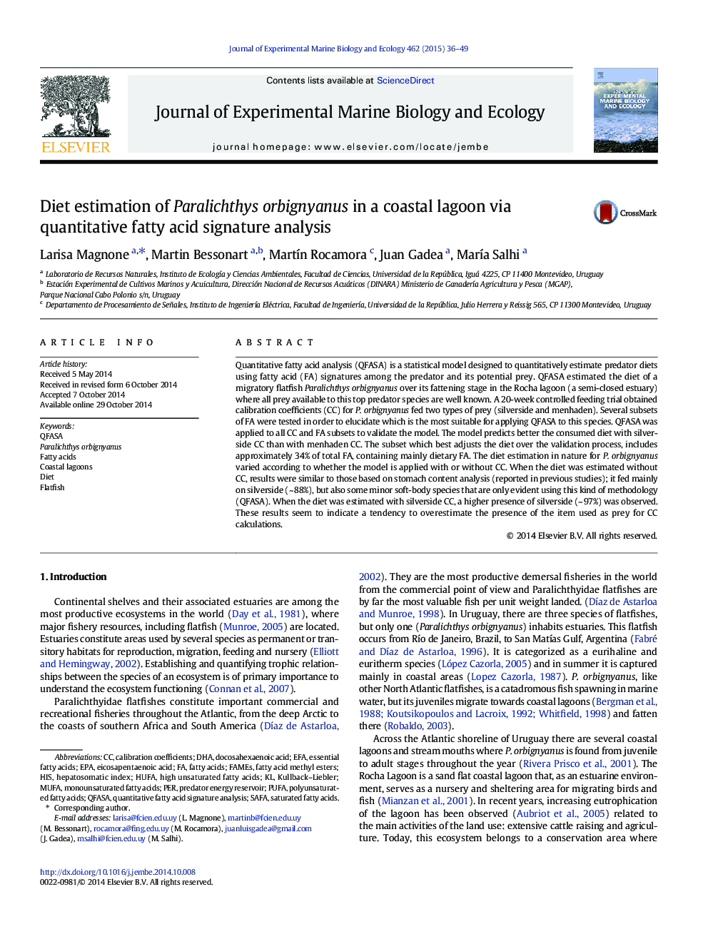 Diet estimation of Paralichthys orbignyanus in a coastal lagoon via quantitative fatty acid signature analysis