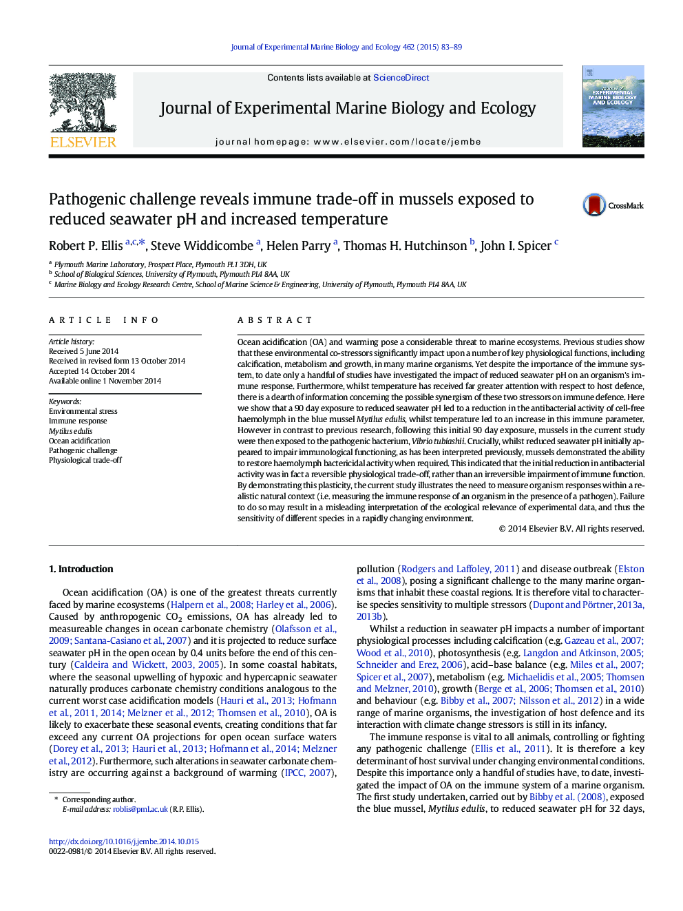 Pathogenic challenge reveals immune trade-off in mussels exposed to reduced seawater pH and increased temperature