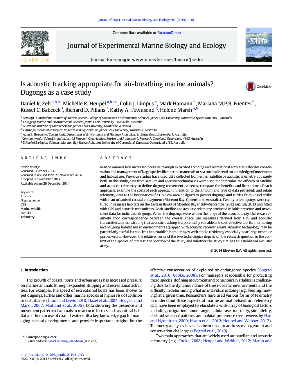 Is acoustic tracking appropriate for air-breathing marine animals? Dugongs as a case study