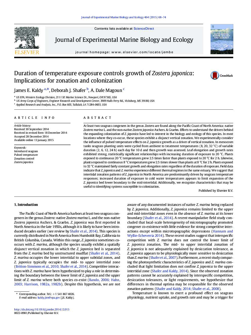 Duration of temperature exposure controls growth of Zostera japonica: Implications for zonation and colonization