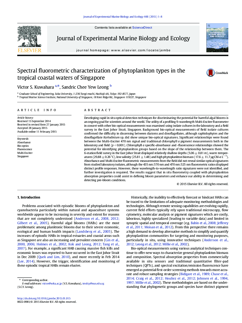 Spectral fluorometric characterization of phytoplankton types in the tropical coastal waters of Singapore