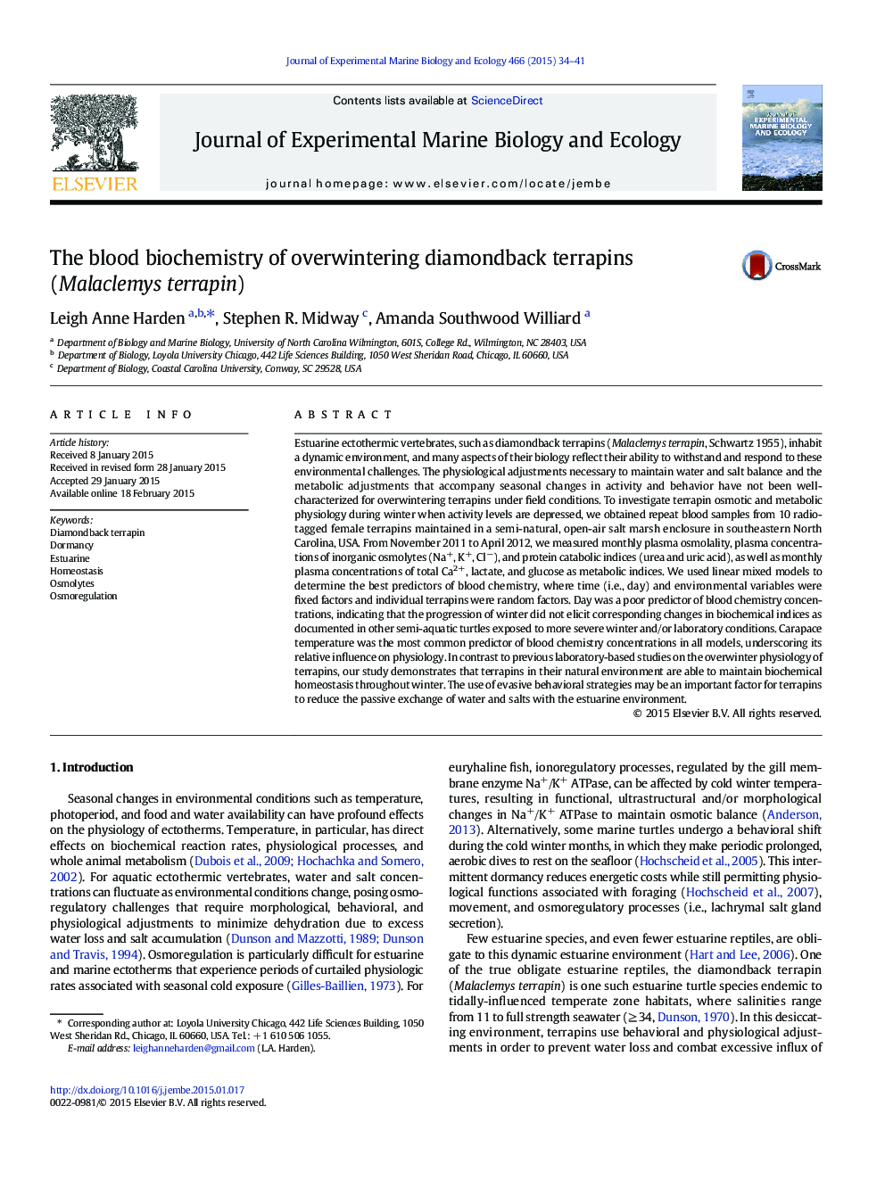 The blood biochemistry of overwintering diamondback terrapins (Malaclemys terrapin)